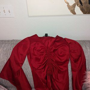 Red work flare sleeve shirt